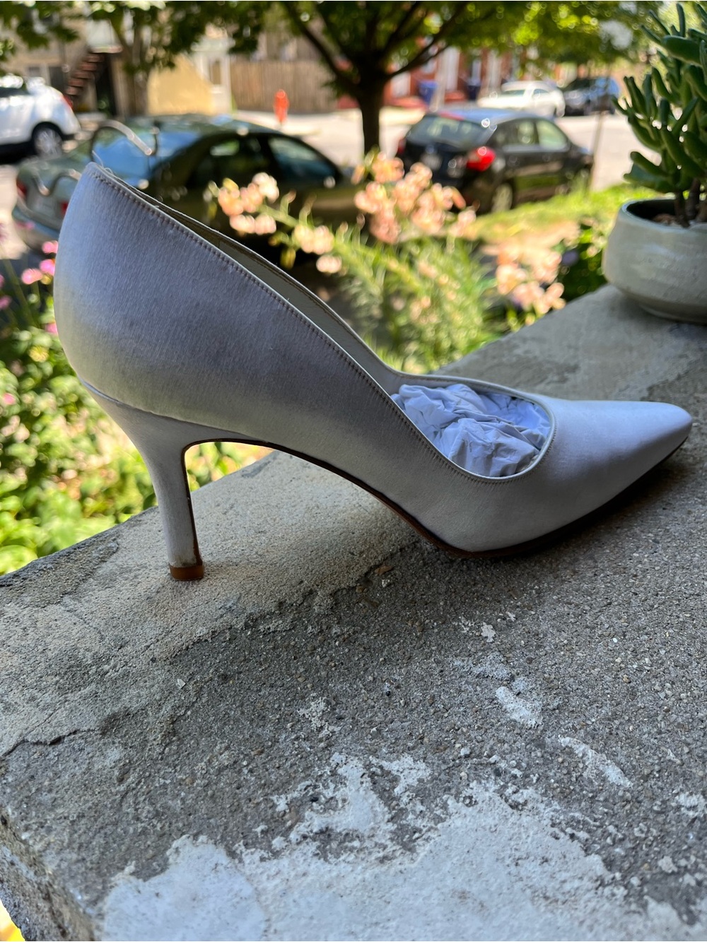 Stuart Weitzman Satin Pointed-Toe Pumps in Pearl - Picture 3 of 9